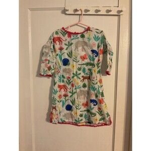 Mini Boden Tropical Safari Cotton Cover up with pink poms Size S 6-7